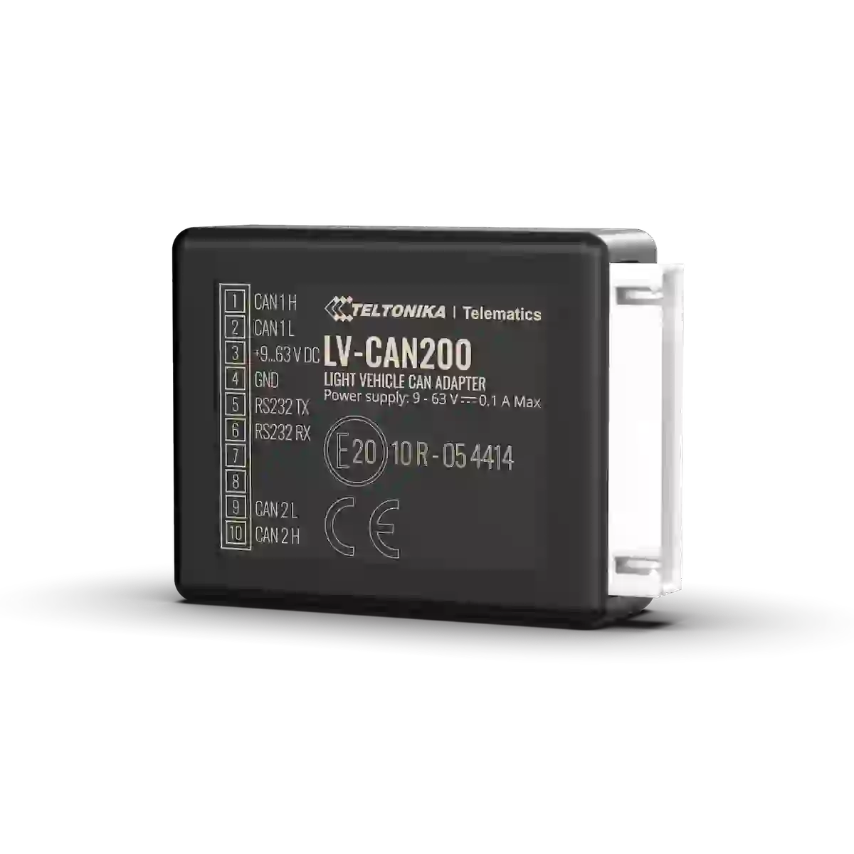 A black automotive electronic adapter labeled 'TELTONIKA | Telematics LV-CAN200 LIGHT VEHICLE CAN ADAPTER' with white text and a clear plastic side connector, shown on a white background.